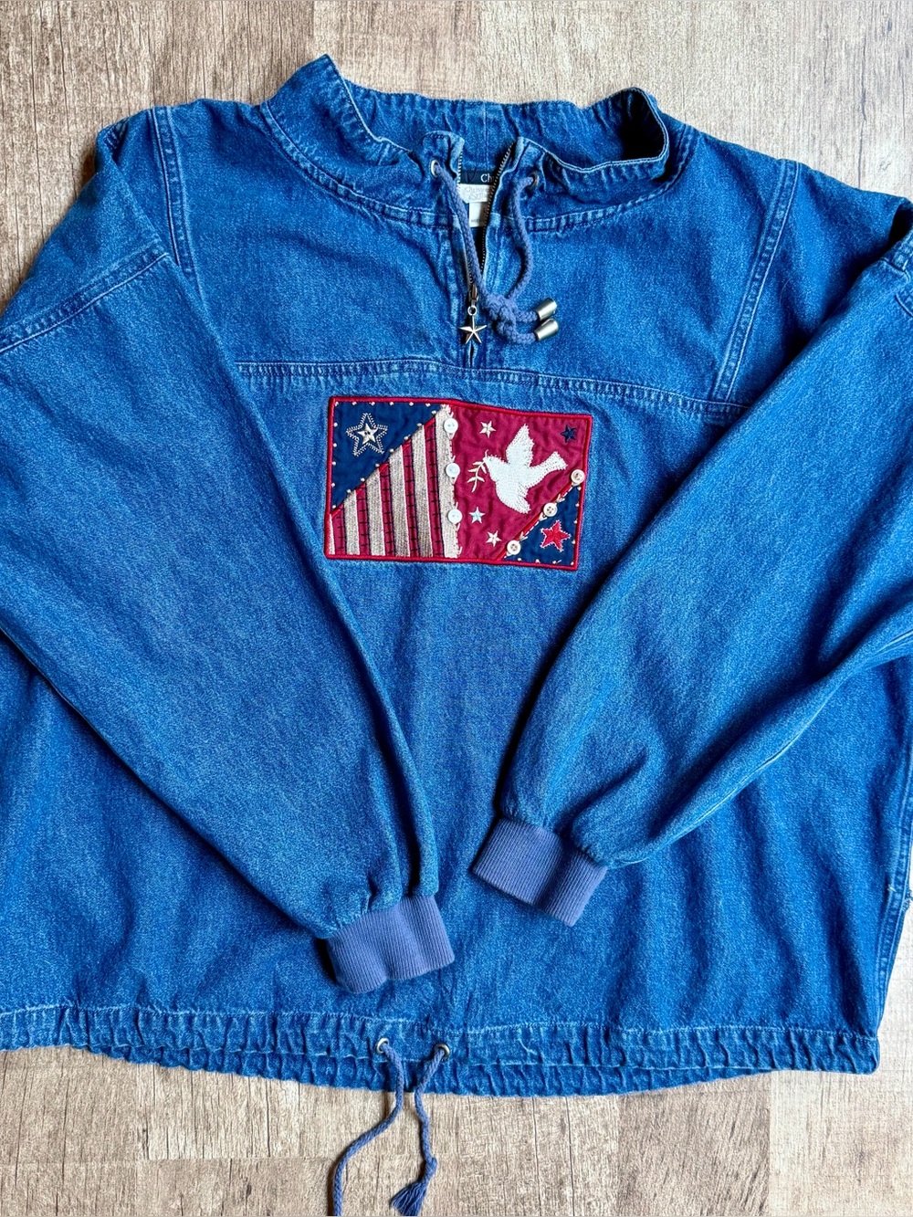 Vintage Patriotic American Flag Peace Dove Denim Pullover Jacket